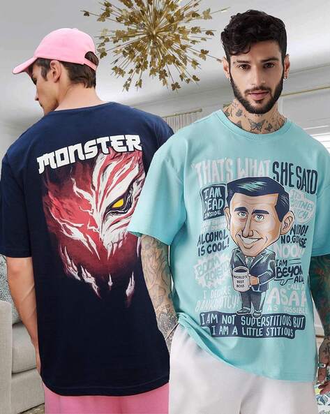 Men Pack of 2 Graphic Print Oversized Round-Neck Cotton T-Shirts