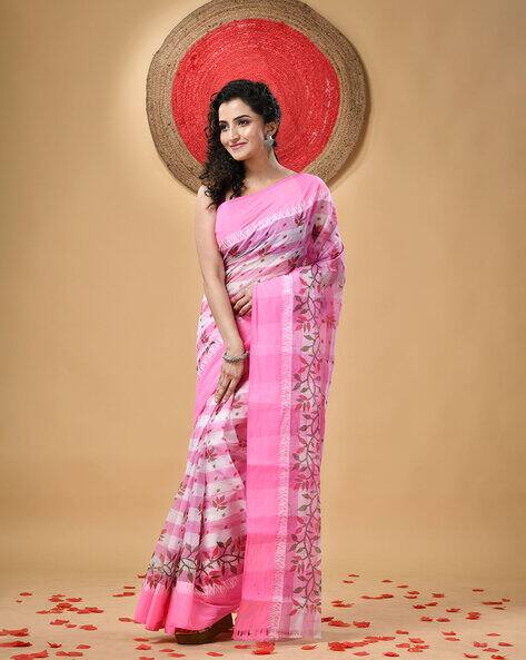 Indie Picks Bengal Tant Madhabilata Print Handloom Cotton Saree