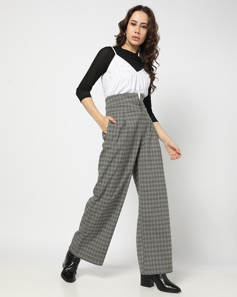 Women Checked Regular Fit Pleat-Front Trousers with Folded Waistband