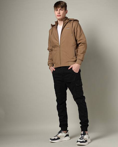 Men Slim Fit Zip-Front Jacket with Detachable Hood