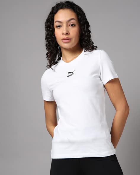Women Slim Fit Crew-Neck T-Shirt with Logo Print
