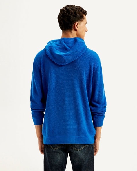 Men Ribbed Slim Fit Hooded Sweater with Kangaroo Pocket