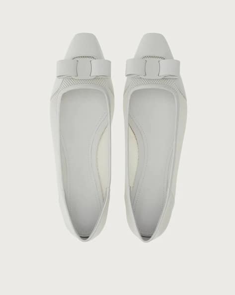 Buy Ferragamo Bi-Material Ballet Flats with Vara Bow | White