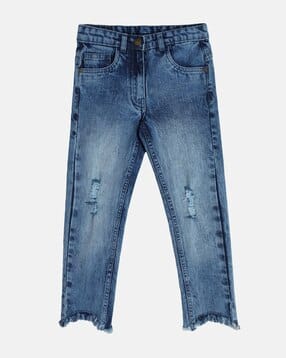 Girls Mid-Wash Distressed Regular Fit Jeans