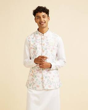 manyavar Men Floral Pattern Nehru Jacket with Button-Closure-picture-34