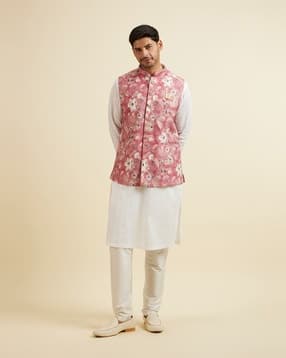 manyavar Men Floral Pattern Nehru Jacket with Button-Closure-picture-33