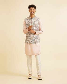 manyavar Men Floral Pattern Nehru Jacket with Button-Closure-picture-28
