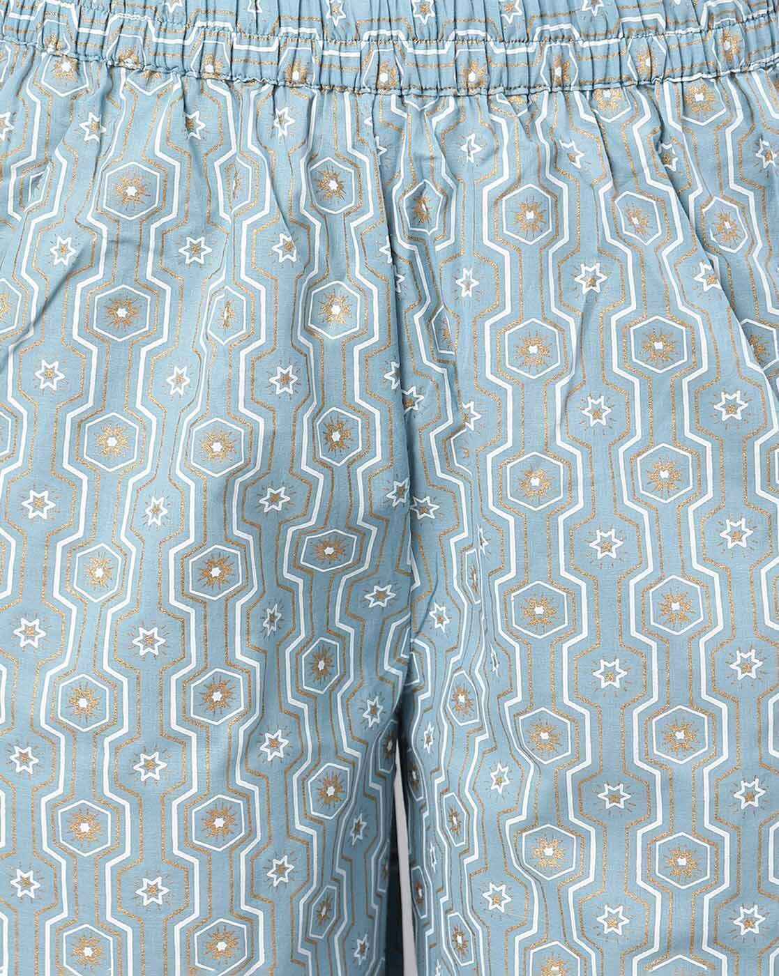 Idalia Women's Sage Blue Printed Kurta Set With Palazzo Pants | Cotton Ethnic Wear For Festivals & Parties