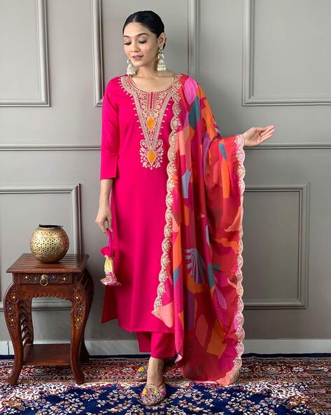 Women Embroidered Straight Kurta Set Price in India