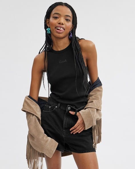 トップス Cotton ribbon tank Black Buy Coach Ribbed Cotton Script Tank Top | Black Color Women | AJIO