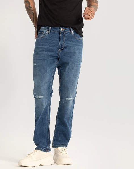 Men Mid-Rise Straight Jeans with Knee Slit