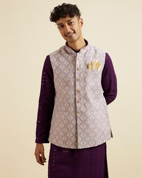 Men Embroidered Nehru Jacket with Button-Closure
