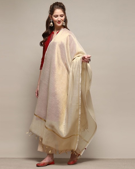 Women Yarn-Dyed Dupatta with Tassels Price in India