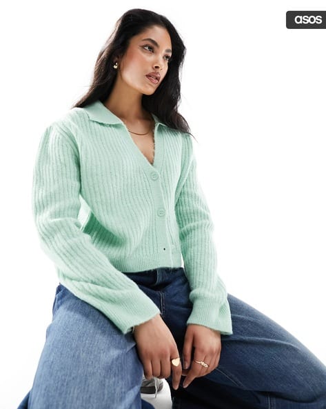 Women Striped Crop Cardigan with Collar Detail