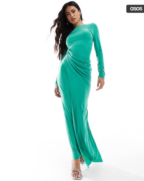 chinese dress ladies ASOS DESIGN Curve Midi Dress With Long Sleeve And Circle Trim In Sage Green