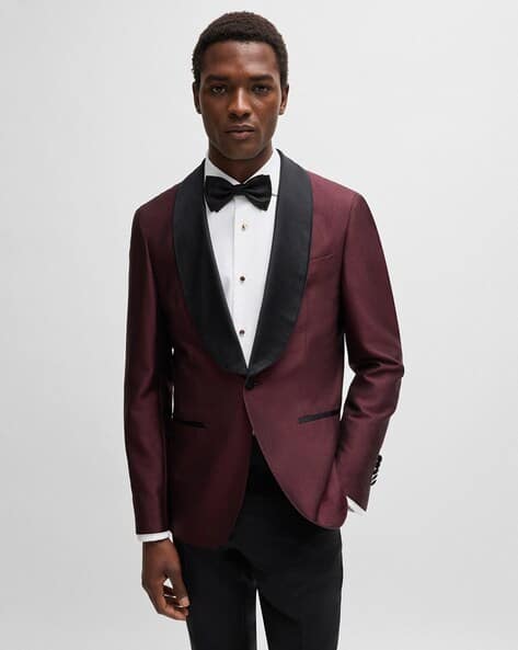 Buy BOSS Silk Wool Slim Fit Tuxedo Jacket Maroon Color Men