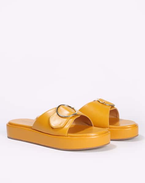 Platform Sandals Mustard Yellow Leather Sandals Women Slip-On