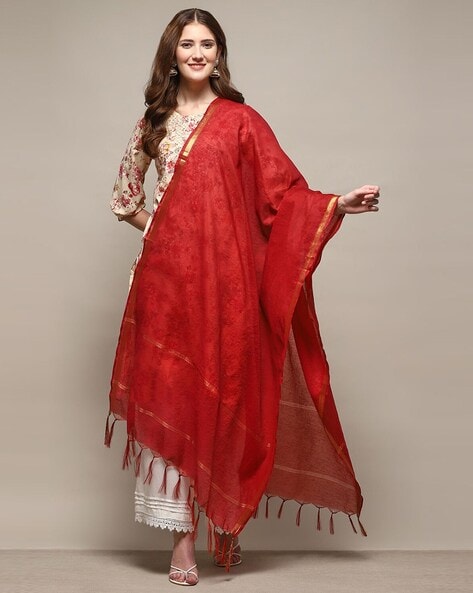 Women Yarn-Dyed Dupatta with Tassels Price in India