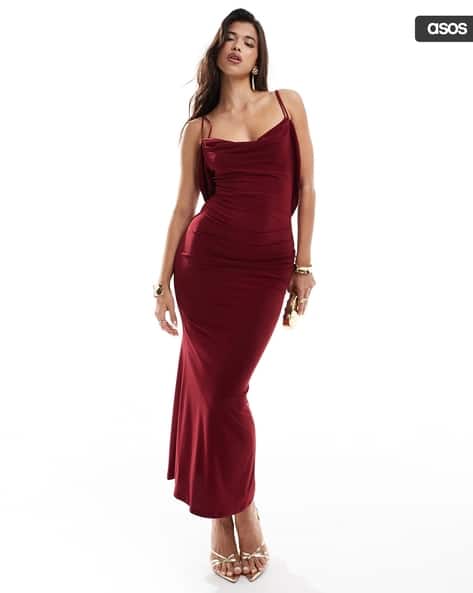Women Slinky Cowl-Neck Double Strap Bodycon Dress