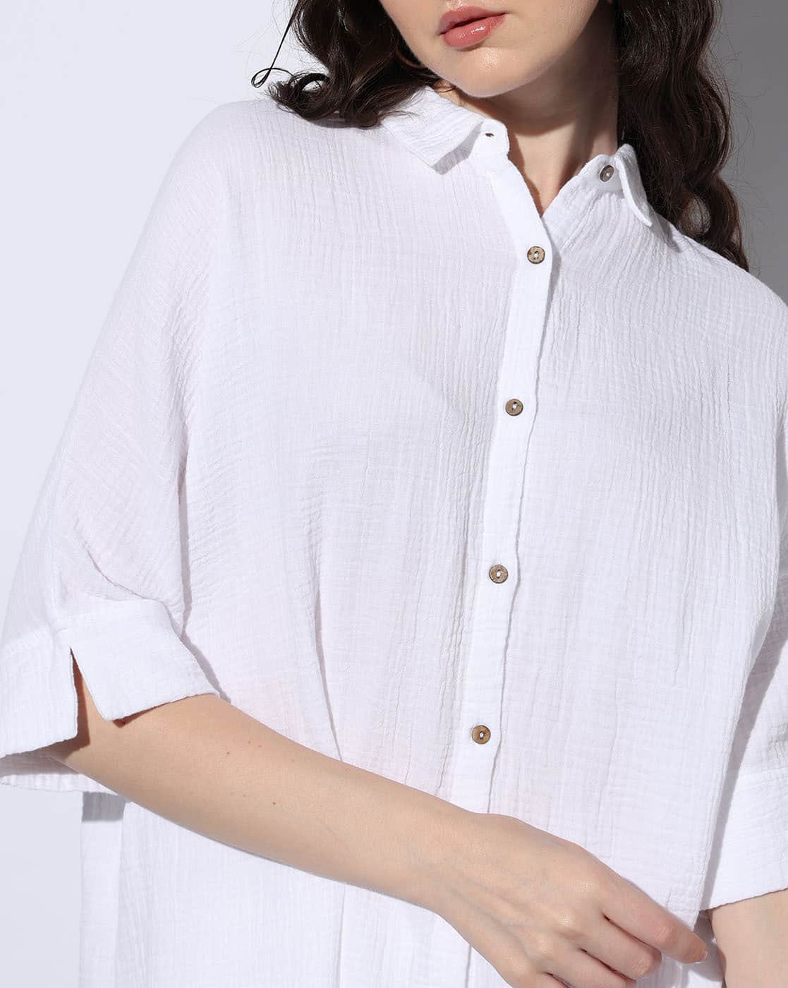 ☆OY☆ OVERSIZE LAYERED CHECK SHIRTS-WHITE Buy Trendy and Stylish Women Check Loose Shirt Casual wear