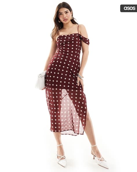 burgundy infinity dresses Shop Eastern Burgundy Ditsy Polka Dot Satin Bias Flared Maxi Dress main image 0