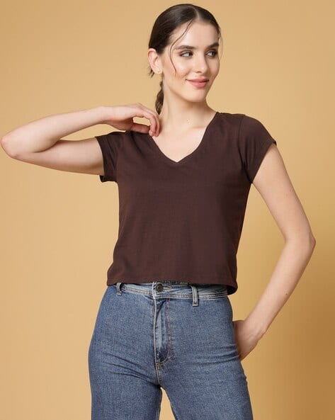 Women Regular Fit T-Shirt with V-Neck - Main Image