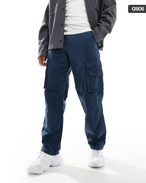 Ajio Mens Cargo Trousers Asos Men Baggy Fit Flat-Front Cargo Pants