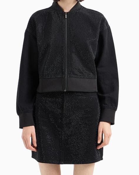 Women Embellished Boxy Fit Zip-Front Bomber Jacket