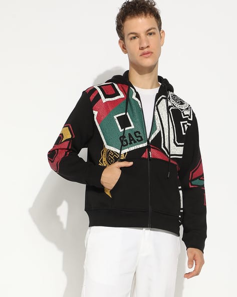 Men Brand Print Regular Fit Zip-Front Hoodie