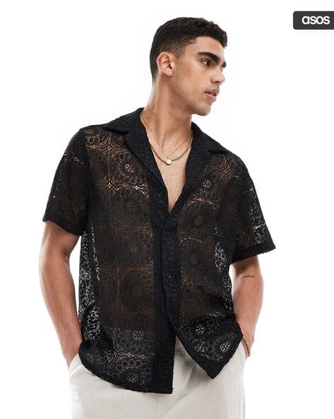 Buy ASOS DESIGN Men Lace Relaxed Fit Shirt with Revere Collar | Black Color  Men | AJIO LUXE
