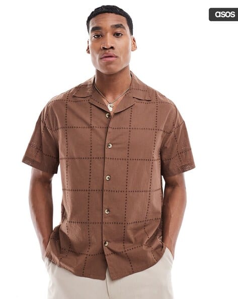 Men Checkerboard Broderie Relaxed Fit Cotton Shirt