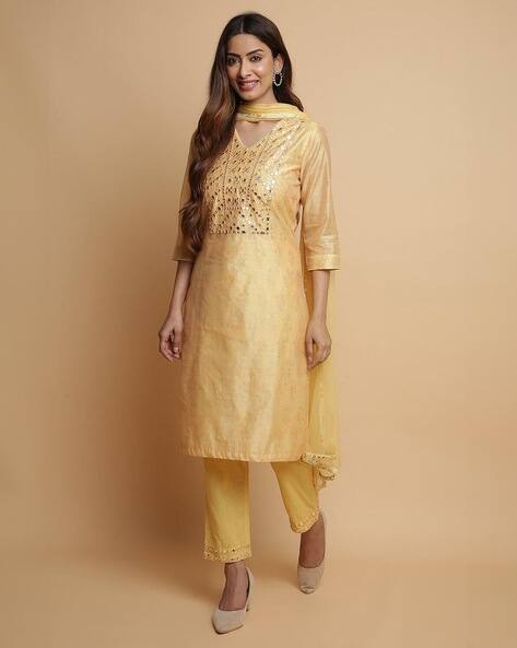 Biba Women Embroidered Straight Kurta with Pants & Dupatta
