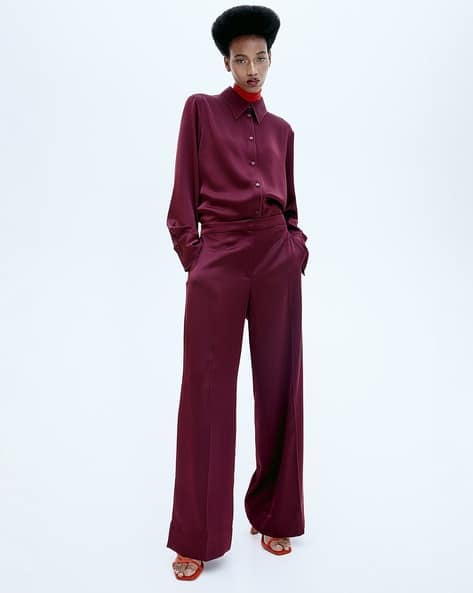 Women Wide-Leg Straight Fit Polyester Satin Trousers