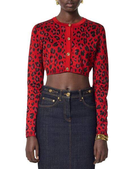 Buy VERSACE Leopard Lurex Crop Knitted Cardigan Lipstick Red