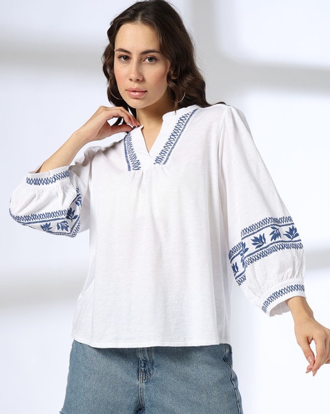 Women Relaxed Fit Cotton Top with Embroidery