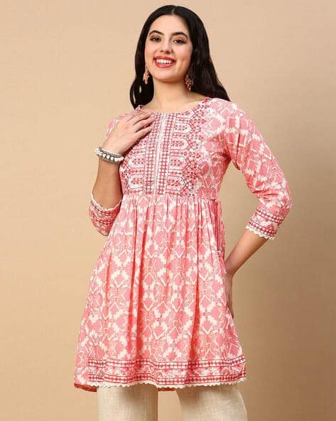 chinese dress ladies Green Off White Floral Printed Cotton Flex A-Line Kurti Top ( Top Only –  nate life