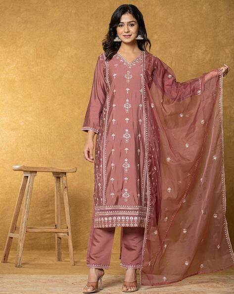 Embroidered Straight Kurta Set Price in India