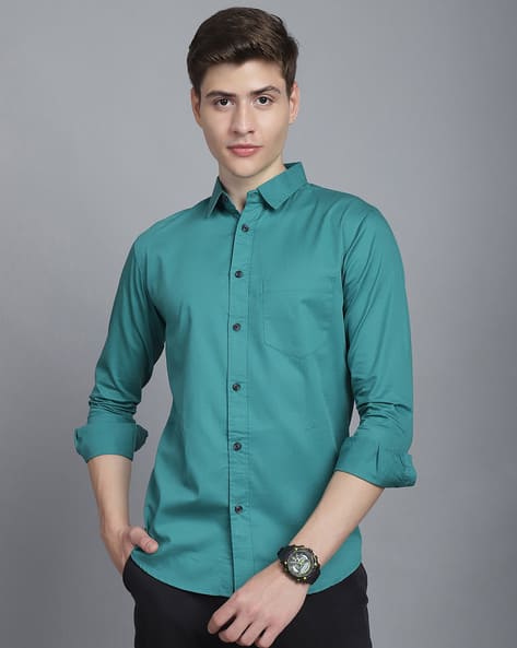 Men Regular Fit Shirt with Spread-Collar - Main Image