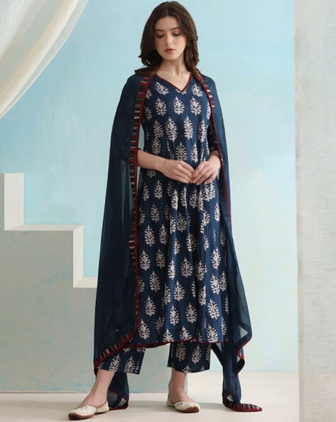 Women Block Print Anarkali Kurta Set