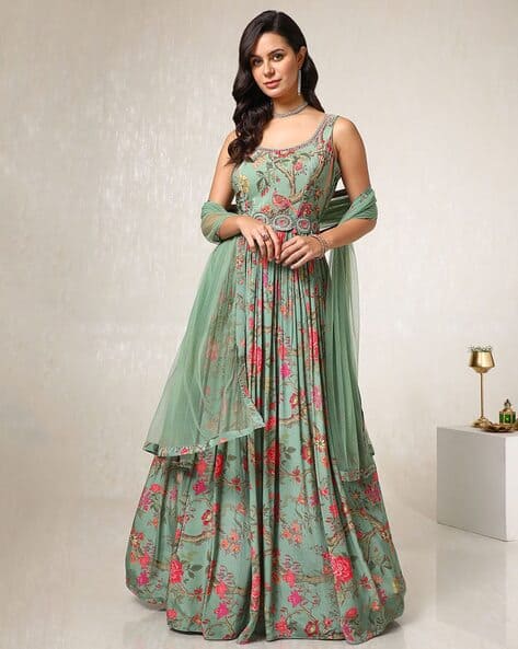 Women Printed Fit Flare Gown Dress