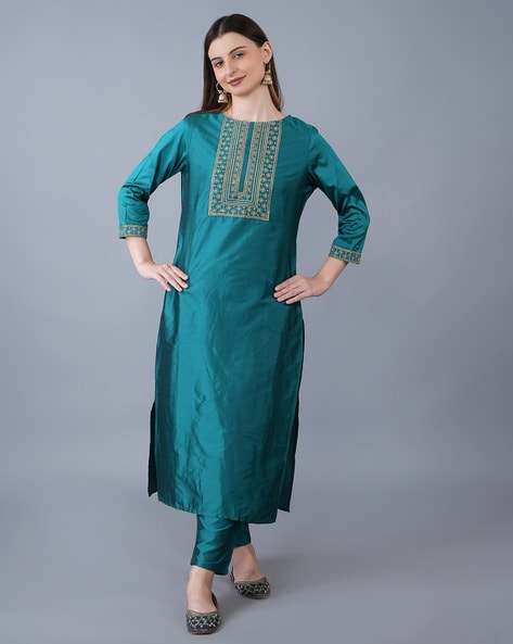 Women Embroidered Straight Kurta Set Price in India