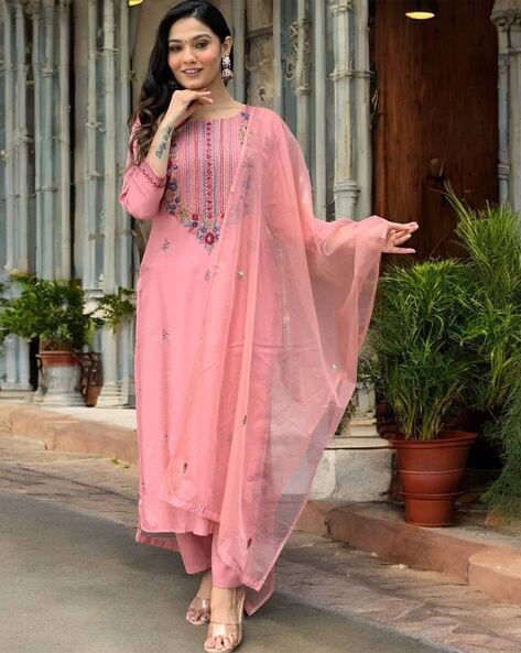 Women Embroidered Straight Kurta Set Price in India