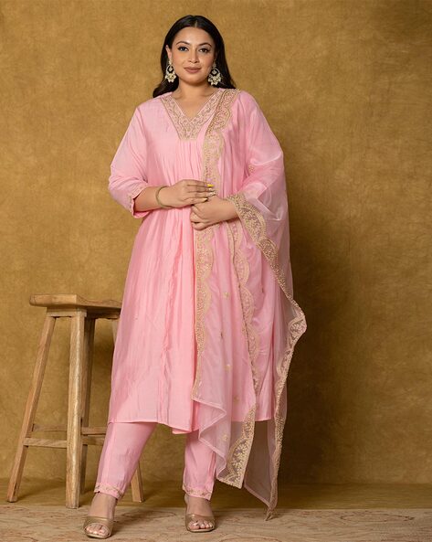 Women Embroidered A-Line Kurta Set Price in India