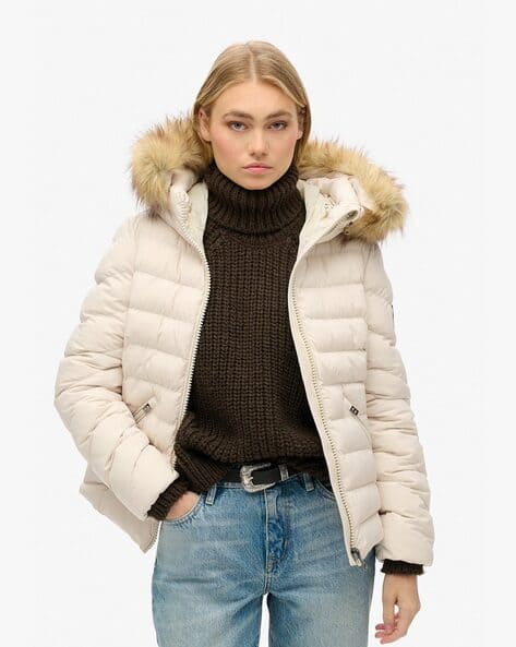 Women Fuji Slim Fit Zip-Front Faux Fur Hooded Jacket