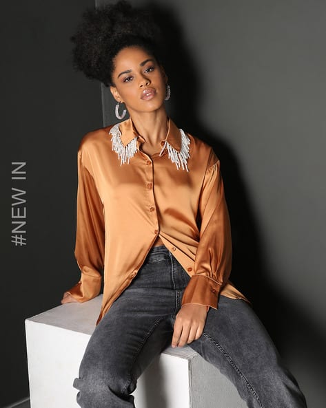 Women Embellished Relaxed Fit Satin Shirt