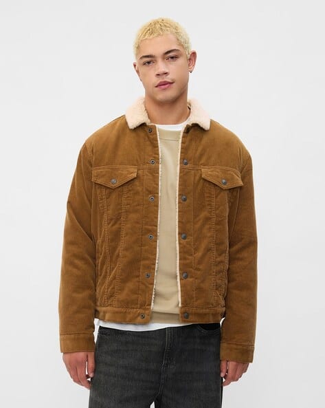 Ajio Corduroy Jacket Mens Brown Brown Fur Collar Jacket Buy Brown