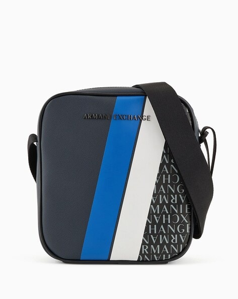 Men Logo Print Messenger Bag with Detachable Strap