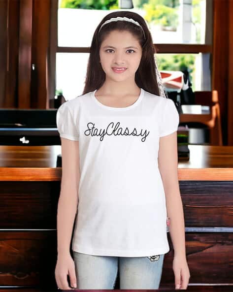 Girls Typographic Print Regular Fit Round-Neck T-Shirt