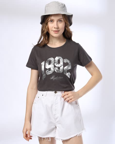 Women Numeric Print Regular Fit Round-Neck T-Shirt