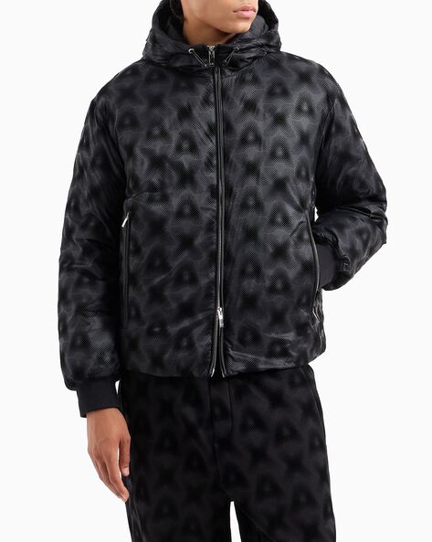 Men Flock Allover Brand Print Zip-Front Hooded Jacket